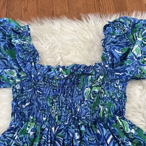 Lilly Pulitzer Beyonca Smocked Floral Mini Dress Women’s Small Blue Green Pocket - Picture 6 of 13